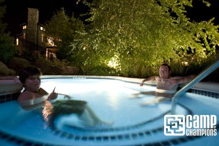Aaron Muss and Brent relaxing at The Black Creek Sanctuary hot tub.
