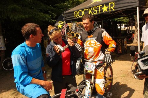 Red Bull Olympian Jill Kinter showing off her footage to Lars and BF Bryn.