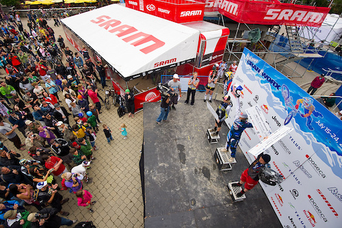 Women's Podium: Top to bottom: Claire Buchar (2), Rachel Atherton (1), Miranda Miller (3)