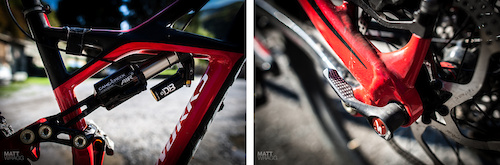 <i>(Left)</i> Specialized calls it an X-Wing frame design. The cross-braced front section has been the trademark feature of its Enduro series. S-Works models get the new Cane Creek DBair shock, which can be tuned externally to suit almost any riding style. <i>(Right)</i> The 142x12-millimeter through-axle is a must for true all-mountain abuse.