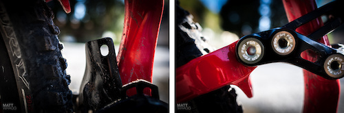 The removable 'Taco Blade' front derailleur mount <i>(left)</i> is a space saver and it freed the designers to move the seat tube well forward of the cramped bottom bracket area. Specialized invented the chin-shaped seat stay arch <i>(right)</i> to clear the seat tube at full compression.