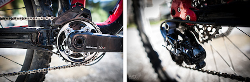 <i>(Clockwise)</i> SRAM/Avid four-piston Trail Brakes with semi-metallic pads clamp 200-millimeter rotors. S-Works Enduro 29 SE models feature the SRAM XXI eleven-speed drivetrain with its impossibly small-looking 30-tooth chainring. Specialized also includes a 28-tooth ring in the kit.