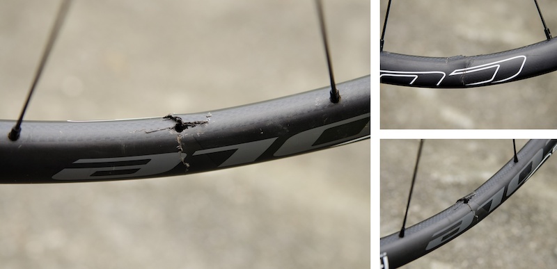 Photo: After less than a dozen rides, one of the spokes pulled completely through the rim, cracking the carbon fiber in the process.. 