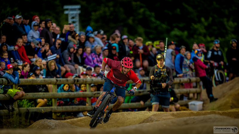 Adrien Loron vs Mickey Haderer at the Rotorua Pump Track Challenge presented by RockShox during Crankworx in Rotorua New Zealand. Photo by Clint Trahan Crankworx