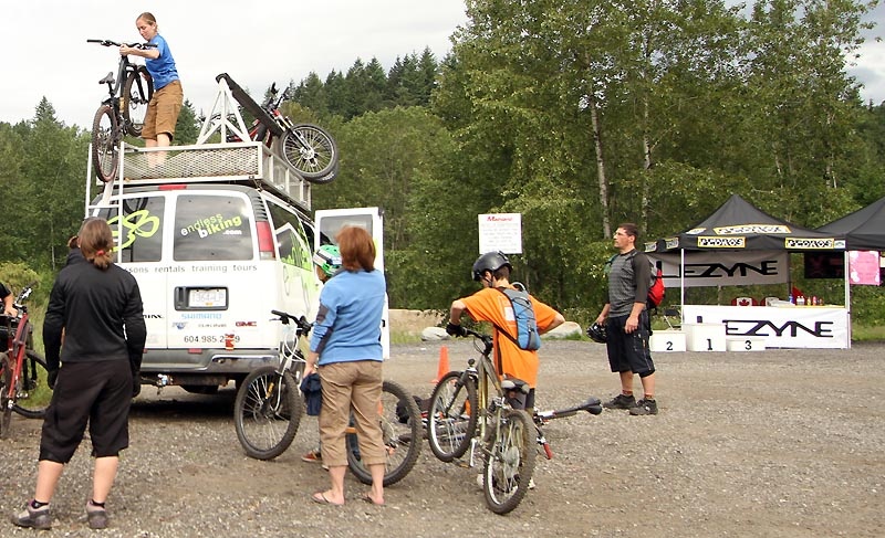 Gwen loaded bikes for the drive to the trailhead at Fromme, guided and helped film. It's not all play working with Endless