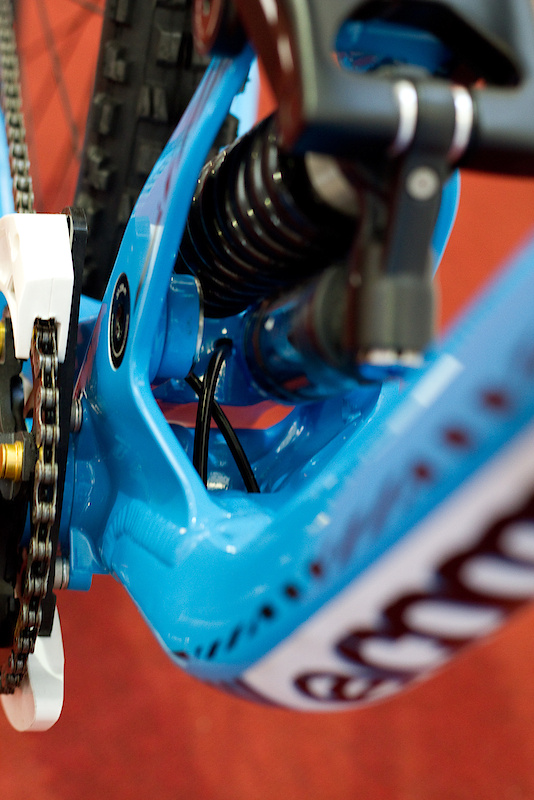 The cable routing continues here where you can see one of the few sections of exposed hose on the bike as it passes from mainframe to swingarm. Features like this scream out an attention to detail although the downside is the ease (or lack of) with which a rear brake may be swapped out should the need for a quick change be required when away racing.