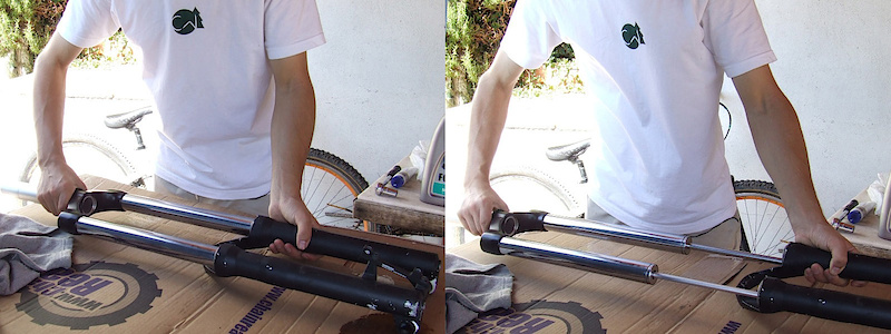 <span style='font-size:20px'>Step 5.</span> Pull the lowers off of the stanchion tubes and set them aside after cleaning.