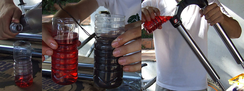 <span style='font-size:20px'>Step 17.</span> Pour 1/3 of the new oil into the damping side stanchion tube. Cycle the rebound rod gently until you see the oil level drop. Repeat until the full 200ml is in the leg.