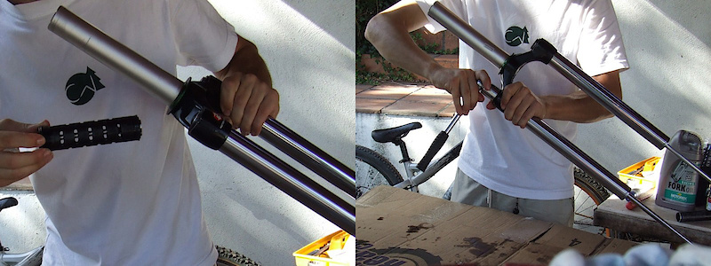 <span style='font-size:20px'>Step 18.</span> With the rebound rod fully extended, gently sink the compression assembly into the oil and tighten the top cap with your socket wrench.