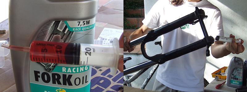 <span style='font-size:20px'>Step 22.</span> Measure out 15ml of 15W suspension oil. With the fork upside down, pour in the lube oil through the foot bolt holes at the bottom of each leg. Each side should receive 15ml.