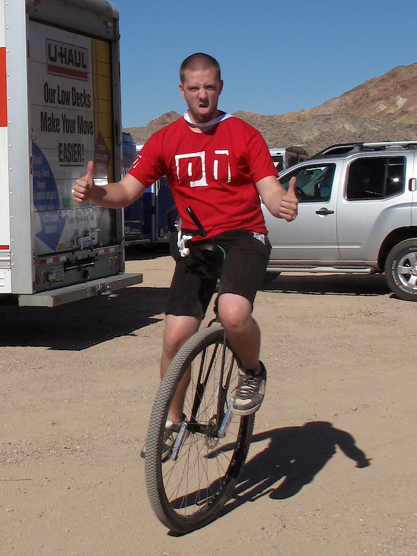 While Aaron managed to go for a spin on this big wheeled unicycle without falling off and harming himself, the rest of our crew beat him black and blue with a pillowcase fill of Chris King headsets once we saw this photo.
