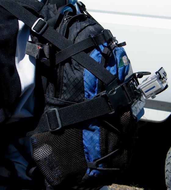 Chest-mount on a pack filming backwards