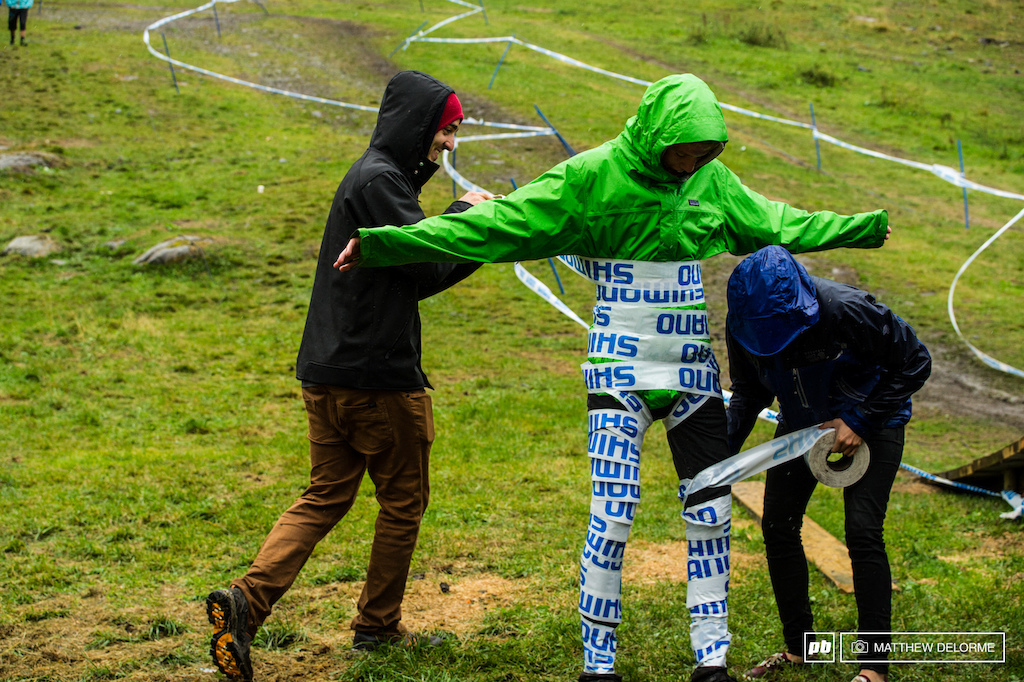 Leif Lorenzen found a roll of Shimano course tape and put it to good use turning Ray Syron into a mummy. Ray got some extra waterproofing out of the deal.