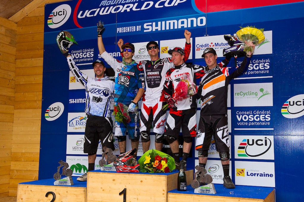 The Men s Elite Podium L-R Barel 4 Gee Atherton 2 . Minnaar 1 Gwin 3 and Cameron Cole 5 .