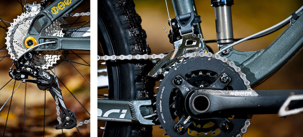 Sram 2x10 drivetrain geared for climbing walls and throwing the hammer down.