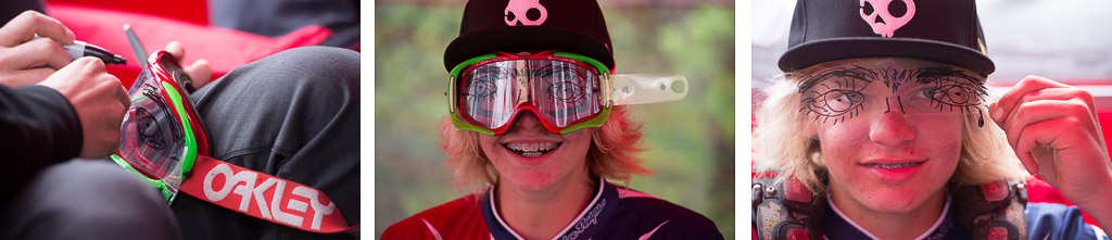 Cody Kelley Brendan and the boys decided it would be fun to mess with him pre race took him a few seconds to realize it was drawn on a tear off and not on his gogles...