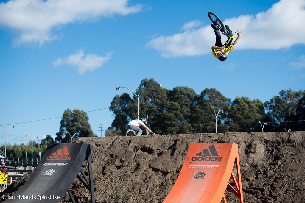 Andrew Taylor with a flip table on the last jump in practice.