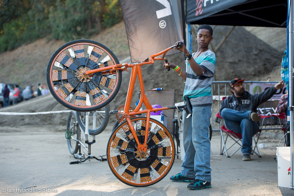 This guy had one of the best scraper bikes I saw at the show all ready for halloween. Check out the vice grips on the seat post in case of a mechanical...