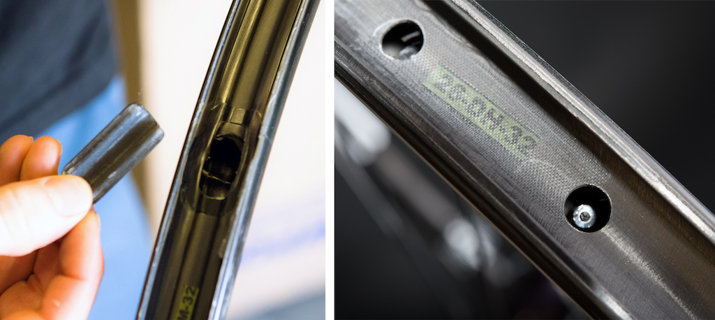  ENVE's proprietary carbon layup process utilizes an inflated bladder that is removed after molding. The rim is then patched and refinished. Alloy spoke nipples are located inside the rim and require a specific spoke wrench for building/tensioning/truing.