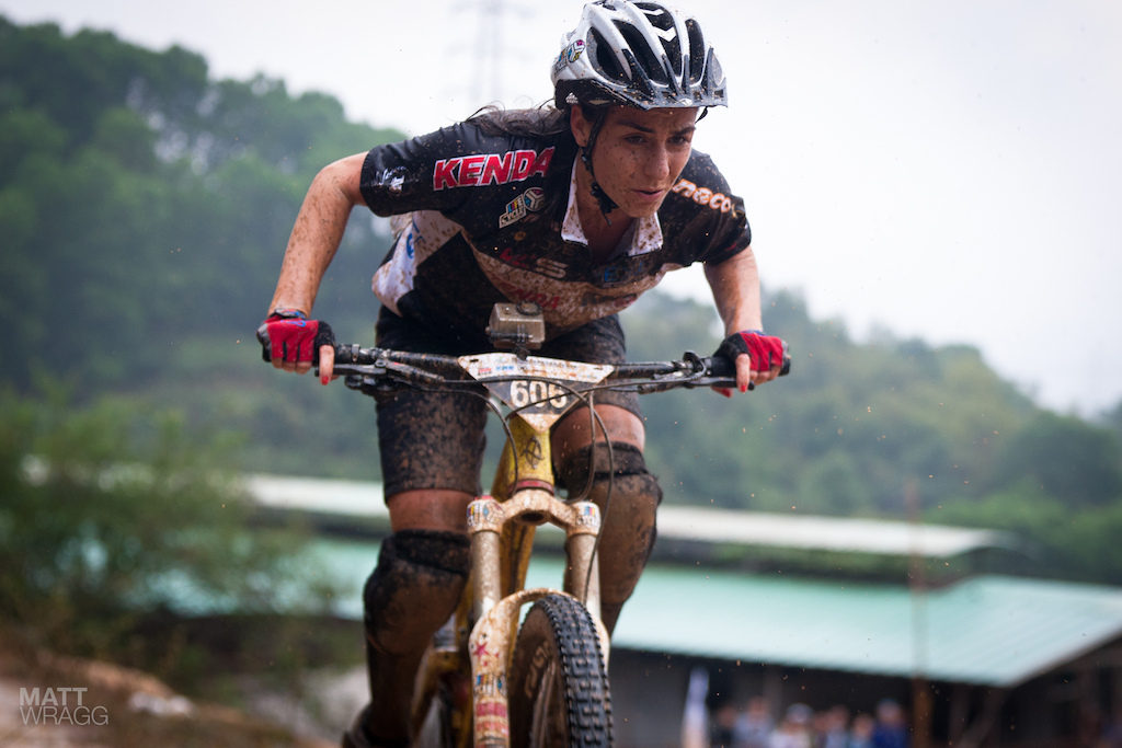 The organisers decided that Valentina Macheda was too fast for the women s race so put here in with the pro men. On her 30lb enduro bike. She more than held her own.