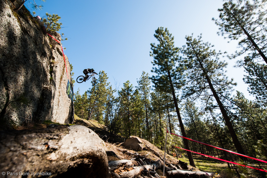 Infamous Girthmore drop made it s way into the Cat 1 Pro course. Lucas Chalcraft wakes up to a big huck early in the morning.