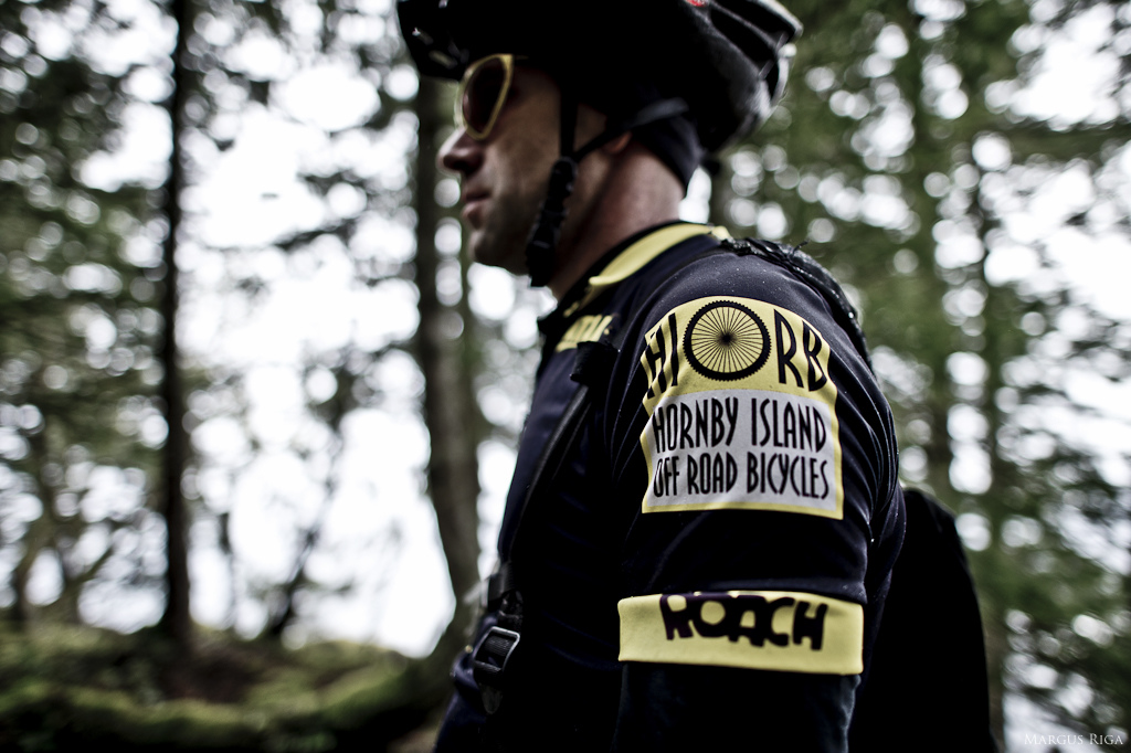 Sasha Lebaron wearing an old school Hornby Island Off Road Bicycles jersey.