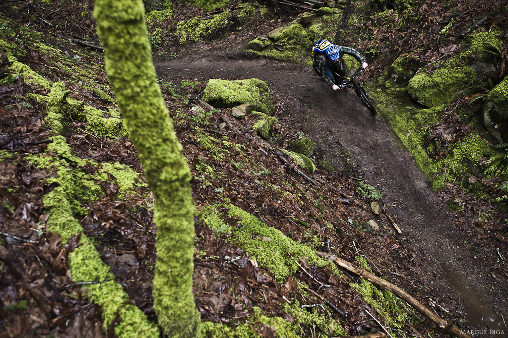 Riley McIntosh hits a corner on No Horses a trail with the flow of A-line but started back in 1985....