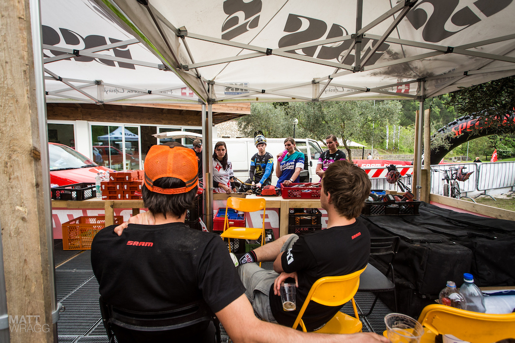 After practice some of the female riders stopped by to discuss the course with the race organisers.