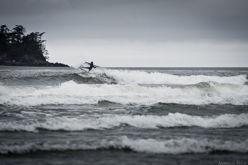 I wish I could post a photo of one of the Rocky crew slashing waves but unfortunately they didn t look as good as this un-named local. Cox Bay Tofino BC.