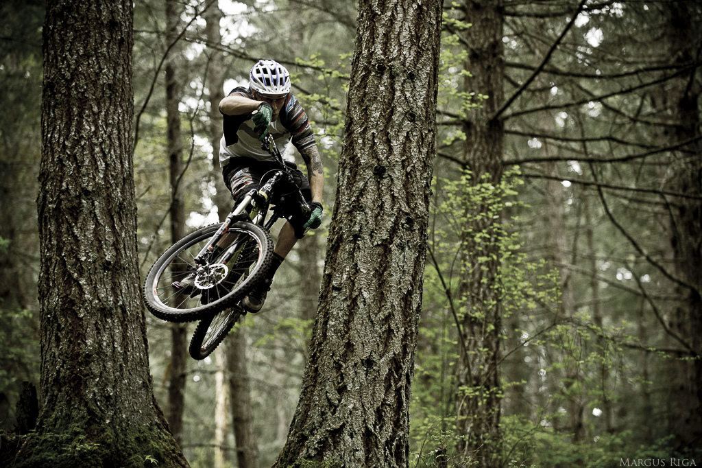 Gully threading the needle on the lower Mt. Tzouhalem trails.