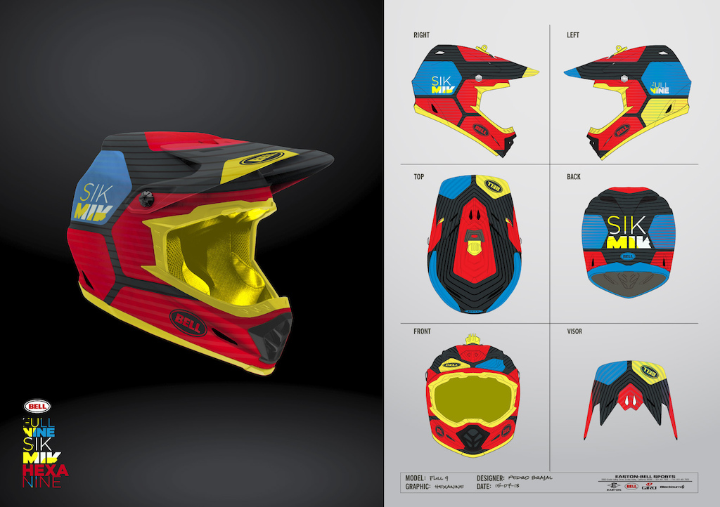 Inspired by the little brother Super one of my favorite helmet designs this graphics are a contemporary geometric approach clean and simple but original and catchy. It s name is Hexanine a combination of hexagon and nine from Fullnine product name. I ve produced 3 color variations with future production in mind two random trend colors and a team scheme color for Mick. Thanks Pedro Brajal