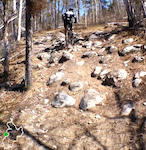 Climbing second rock gardens.  Point on trail loop is shown on GPS overlay bottom left where the green dot its. Bottom of the overlay is where start finish is. Top is where first rock gardens are.