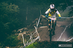 Rachel Atherton cuts through the fog during the early morning training session.