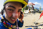 Possibly the happiest man in DH racing here at Crankworx: Marcelo Gutierrez--this is his game face: all smiles.