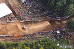 after a rain delay the riders began practice as the crowds trickled into the beautiful tree lined slopestyle course in Rotorua