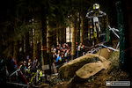 Oscar Harnstrom... 'Huckstrom' as he's now known, makes a bottom-out test off the boulder drop. 10th at the first split he upped it to an incredible 6th, before a massive eject in the gully section lower down saw him break his arm. Out of surgery he is being looked after well by HS Racing team mate and night-nurse, Lorenzo Suding.