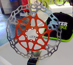 Galfer, the Spanish brake rotor and friction pad innovator had a beautiful floating disc with an alloy spider on display, but it probably wonlt go into production. Galfer says that the concept is not the best way to make mountain bike brakes.

Eurobike 2015