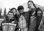Troy Lee of Troy Lee Designs with his kids, Max and Carly and Brandon Semenuk at Crankworx Whistler in 2013.