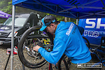 Shimano was on hand lending nuetral tech support to all racers, from beginner to pro. Mechanic Peter James Lucas, a notorious singletrack slut, was no doubt crushed to be trapped in the pits, but then again, the mildly awful to full on horrific weather likely made him a bit more stoked to be holed up in the pits.