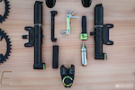 OneUp Components EDC (Everyday Carry) tool, all of it's parts, which include tire levers, a multi tool, C02 and chain tool, as well as the high volume pumps that they are now producing too, which also integrate with the EDC tool.