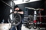 John Hall prepping wheels and tires for Aaron Gwin.