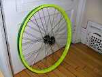 Primed, painted and cleared. 
Rim came out decent for a quick job, nice aaron ross style brightness.

My colour plan was to go with a flat black frame (the pinscher), fluorescent yellow rims with black spokes, fluorescent yellow crank arms, and fluorescent yellow grips. I have since changed the colour scheme to orange frame and flat black everything else... any opinions?