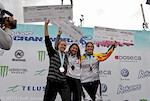 Anne Caro Chausson, Miranda Miller and  Fionn Griffiths pose on the podium.