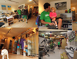 Clockwise from Top Left - (i)  Ian Ritz and Julian Hine at Chromag World HQ; (ii)  Ian and Marlowe, (iii) the workshop; and (iv) a Chromag fan admires the showroom