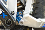A glimpse of the Linkage for the rear shock as well as another example of Mondraker's use of an  eccentric bolt for a clean look vs a hexagonal bolt.