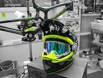 Troy Lee Designs D3 Carbon - Pinstripe Yellow 2013 and 100% Racecraft Goggle (Terminator). Green Mirror lens with a custom neon yellow Nose Guard.