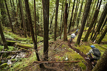 The climb up to Half Whip takes about an hour and a half and is not too bad. You have to ride on pavement for a bit, and there is one sustained steep uphill on the logging road about 70% of the way up that is fairly hard on the legs. Roland and I led the way up and Dre was accusing us of 'setting a fast pace.' I couldn't help but laugh because this was coming from a guy who had beat Lance Armstrong in an XC race. As we pedal our way upwards, that mist indicative of the coast drifting above us, I ask him what it was like to beat Lance. He tells me it was only in retrospect that standing on the podium above Lance became increasingly amazing. At that point Mr. Cheaty Pants had just won his first Tour De France. But Dre said he wasn't going to let some dumb roadie beat him in the mud on a short track course! It was a tough race, pissing rain with a big booter in the middle of the course, a true bike handlers’ nightmare and Lance did make the podium. But he couldn't defeat the Dre-man. So Roland and I have been climbing the hill at a 'fast pace' according to Dre. But after he finishes telling me about crushing Armstrong, I realize just how strong Dre was in his XC racing career. It's a humbling moment.