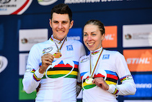 Having tackled the tough Cascades MTB Park marathon track and held off all of the competitors men's winner Jaroslav Kulhavy (left) and Annika Langvad (right) show off their rainbow striped jersey's and gold medals at the 2014 UCI MTB Marathon World Championships in Pietermaritzburg on Sunday.