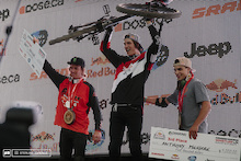 Rheeder 2nd, Semenuk 1st and Messere 3rd at 2014 Joyride at Crankworx, Whistler, BC