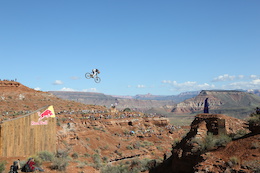 Tom van Steenbergen attempted this front flip over the 73 ft canyon gap during Red Bull Rampage 2014